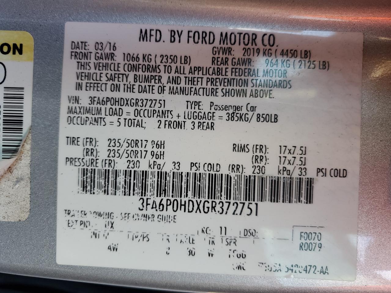 2016 Ford Fusion Se VIN: 3FA6P0HDXGR372751 Lot: 89861365