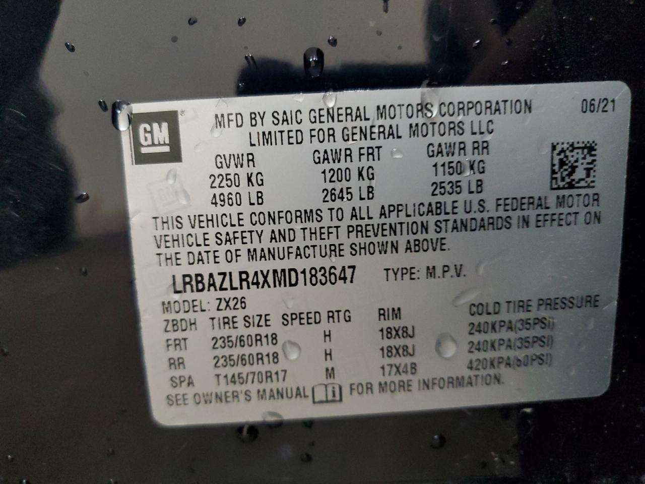 2021 Buick Envision Preferred VIN: LRBAZLR4XMD183647 Lot: 85102425