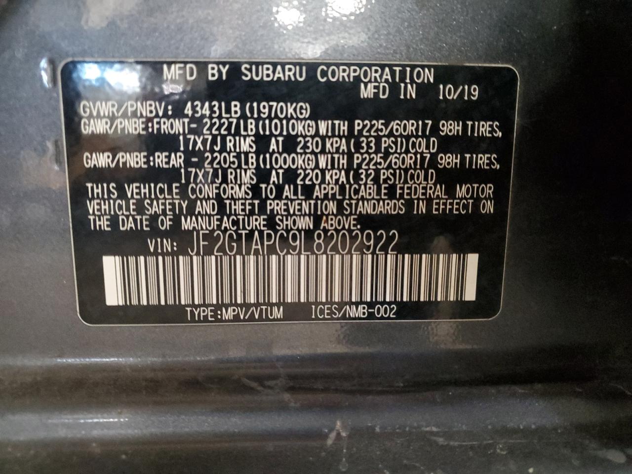 2020 Subaru Crosstrek Premium VIN: JF2GTAPC9L8202922 Lot: 86090355