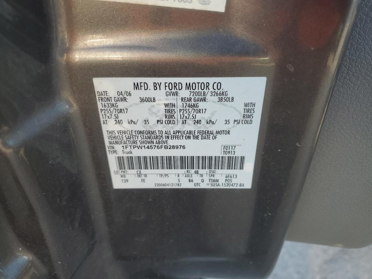 2006 Ford F150 Supercrew VIN: 1FTPW14576FB28976 Lot: 81980155