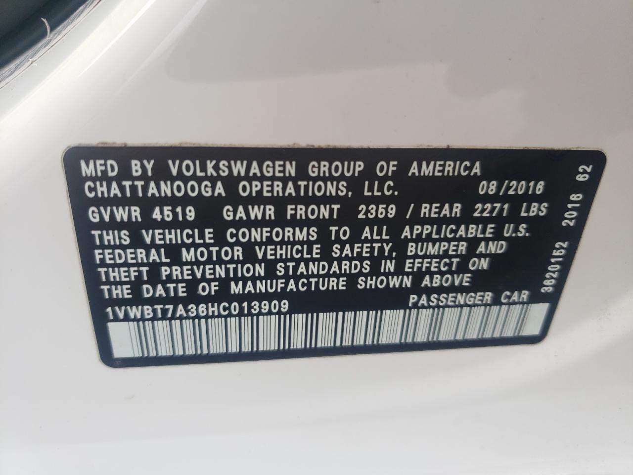 2017 Volkswagen Passat Se VIN: 1VWBT7A36HC013909 Lot: 82458255