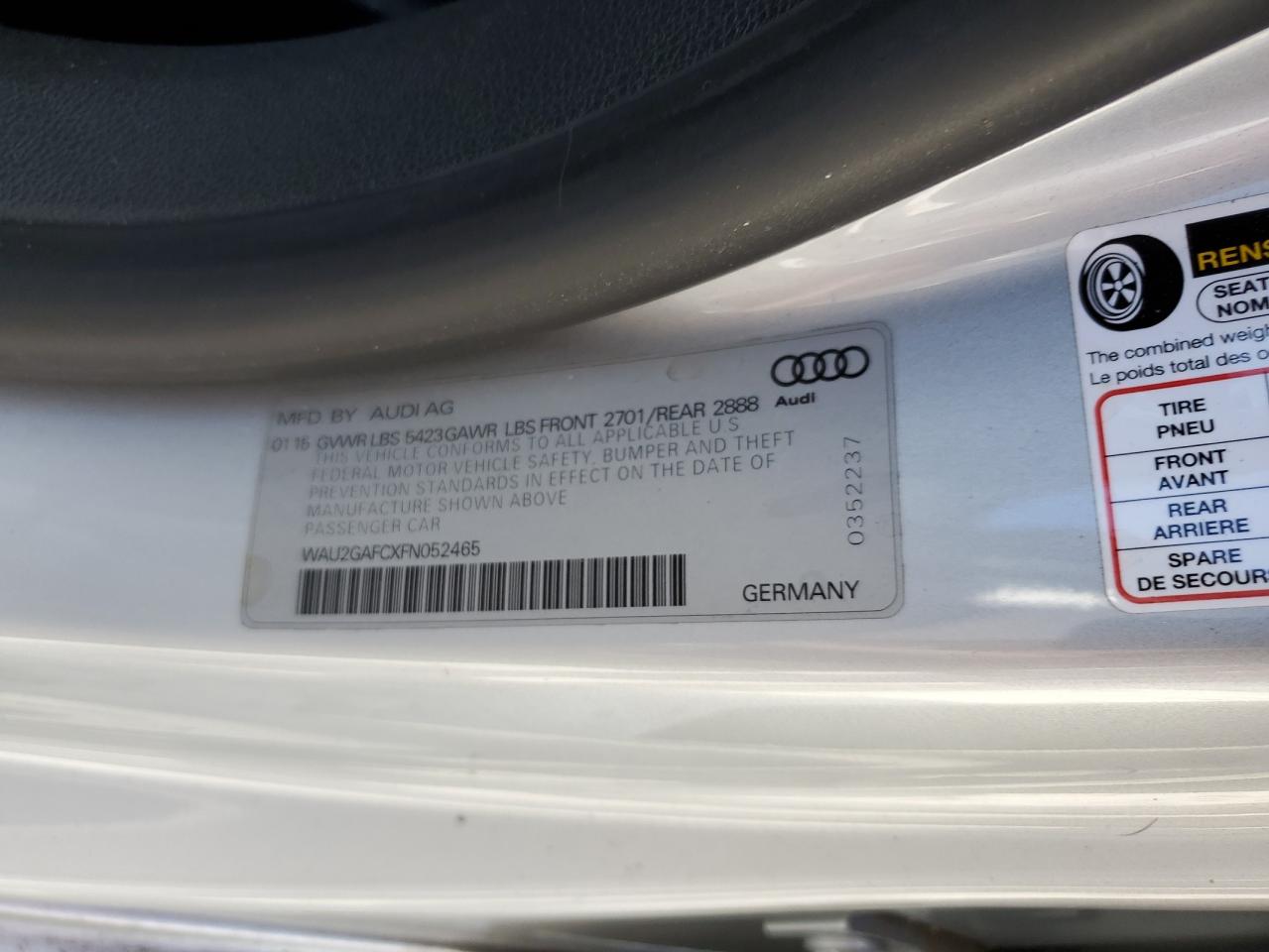 2015 Audi A7 Prestige VIN: WAU2GAFCXFN052465 Lot: 82461295