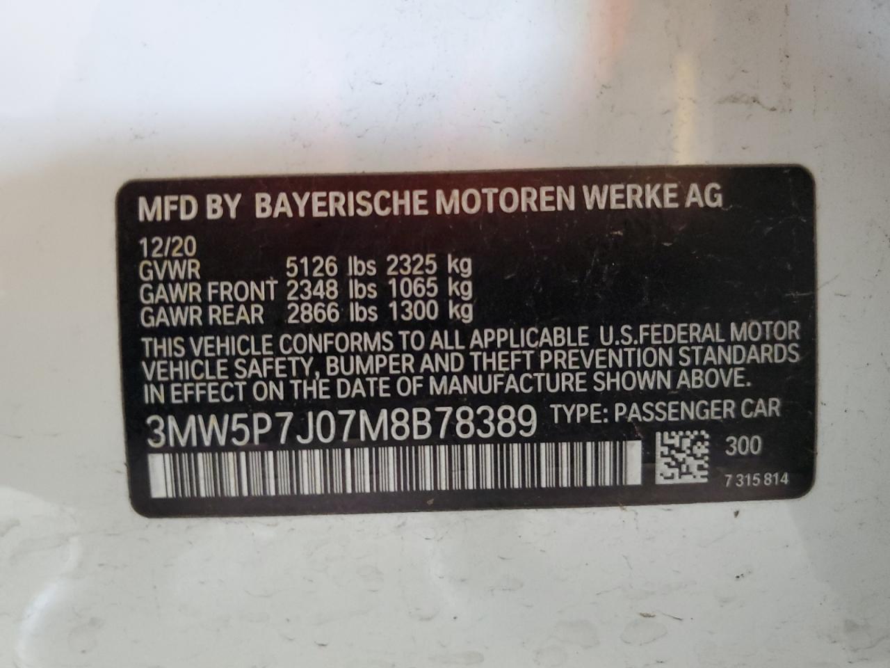 2021 BMW 330E VIN: 3MW5P7J07M8B78389 Lot: 90120805