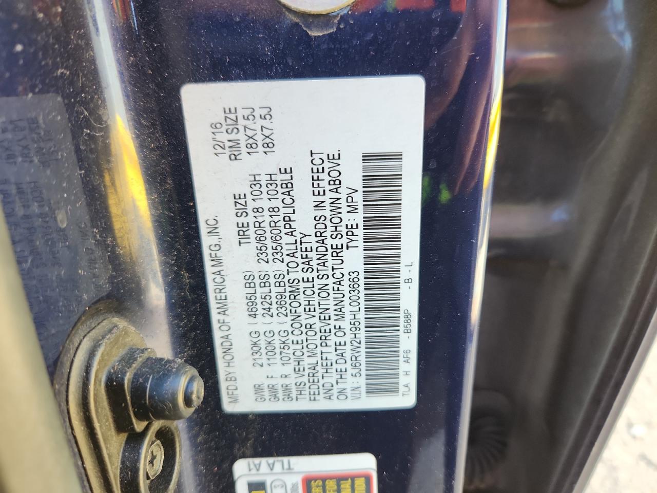 2017 Honda Cr-V Touring VIN: 5J6RW2H95HL003663 Lot: 87217915