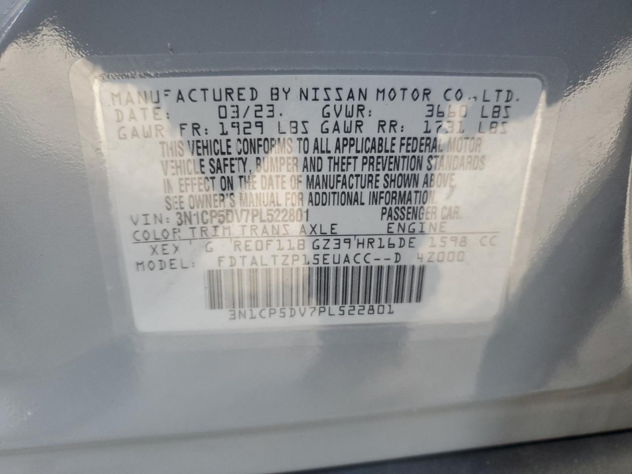 2023 Nissan Kicks Sr VIN: 3N1CP5DV7PL522801 Lot: 85516475