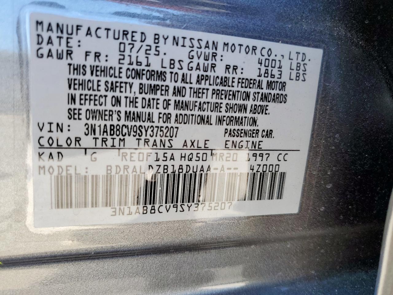 2025 Nissan Sentra Sv VIN: 3N1AB8CV9SY375207 Lot: 85944595