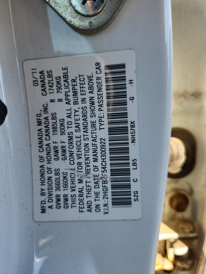 2012 Honda Civic Lx VIN: 2HGFB2F54CH300922 Lot: 82391315