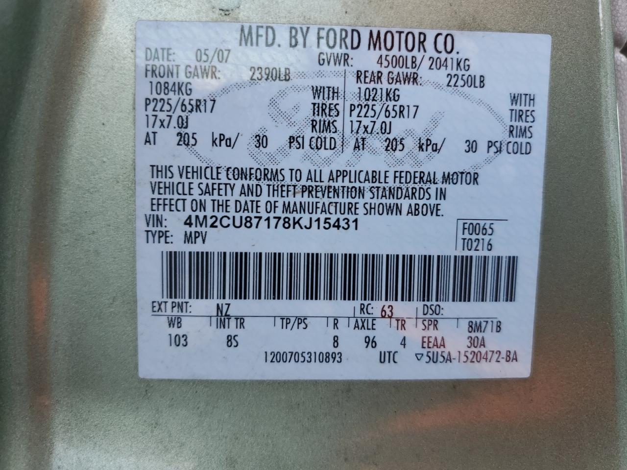 2008 Mercury Mariner Premier VIN: 4M2CU87178KJ15431 Lot: 87061955