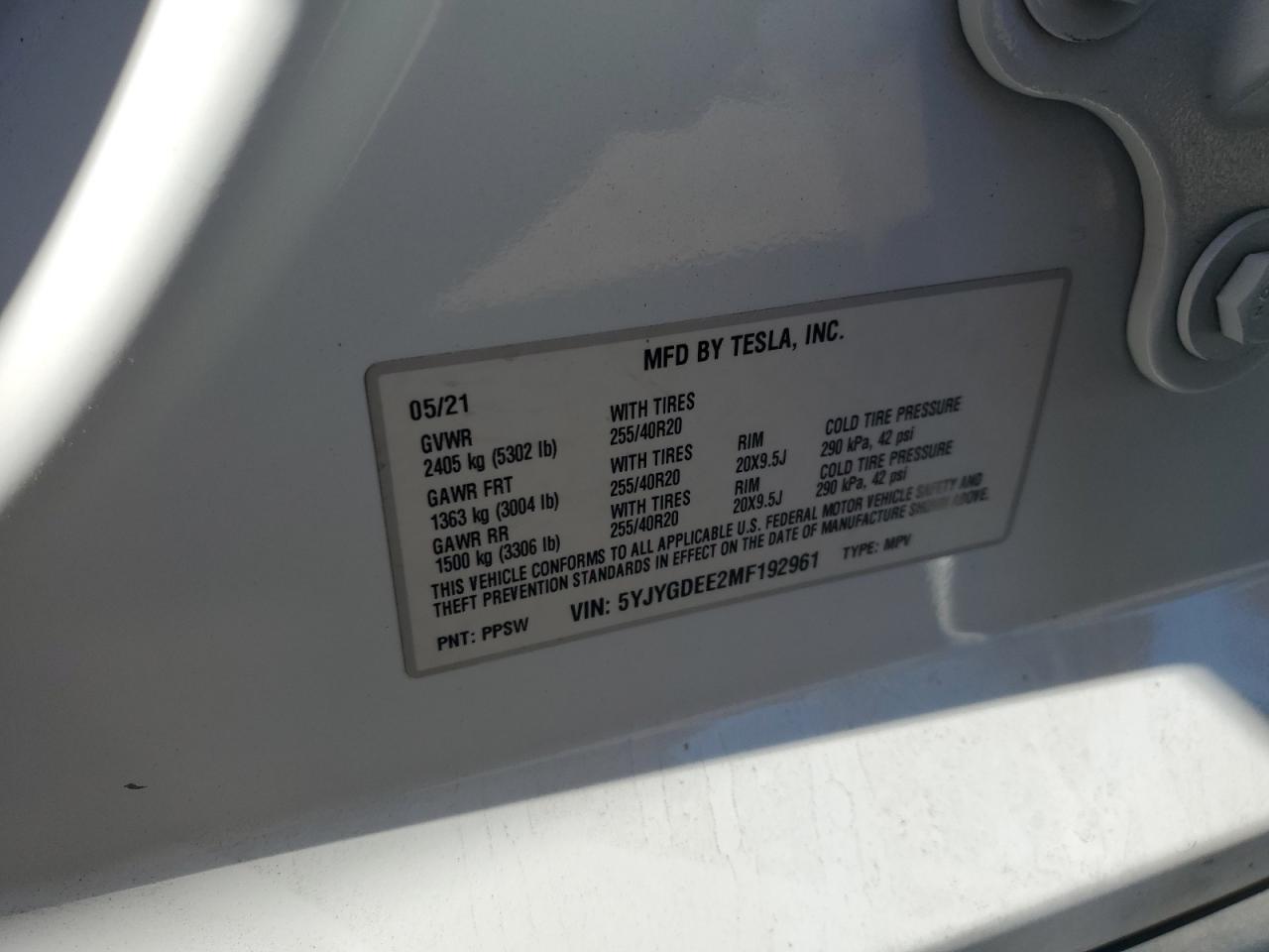 2021 Tesla Model Y VIN: 5YJYGDEE2MF192961 Lot: 85000195