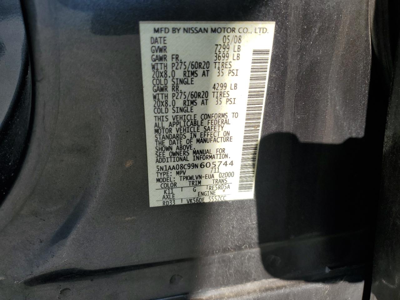 2009 Nissan Armada Se VIN: 5N1AA08C99N605744 Lot: 84556915