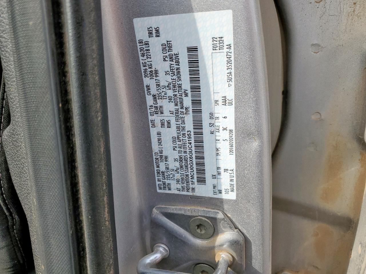 2016 Ford Escape Se VIN: 1FMCU0GX6GUC41953 Lot: 81651285