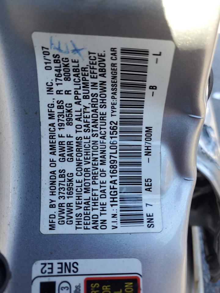 2007 Honda Civic Ex VIN: 1HGFA16897L061562 Lot: 89813365