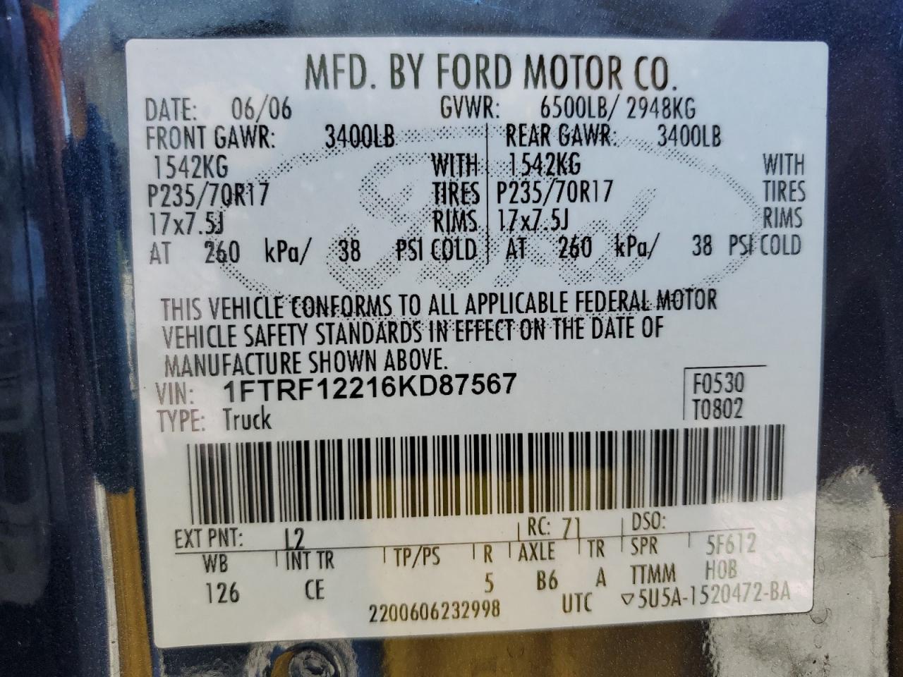 2006 Ford F150 VIN: 1FTRF12216KD87567 Lot: 82179435