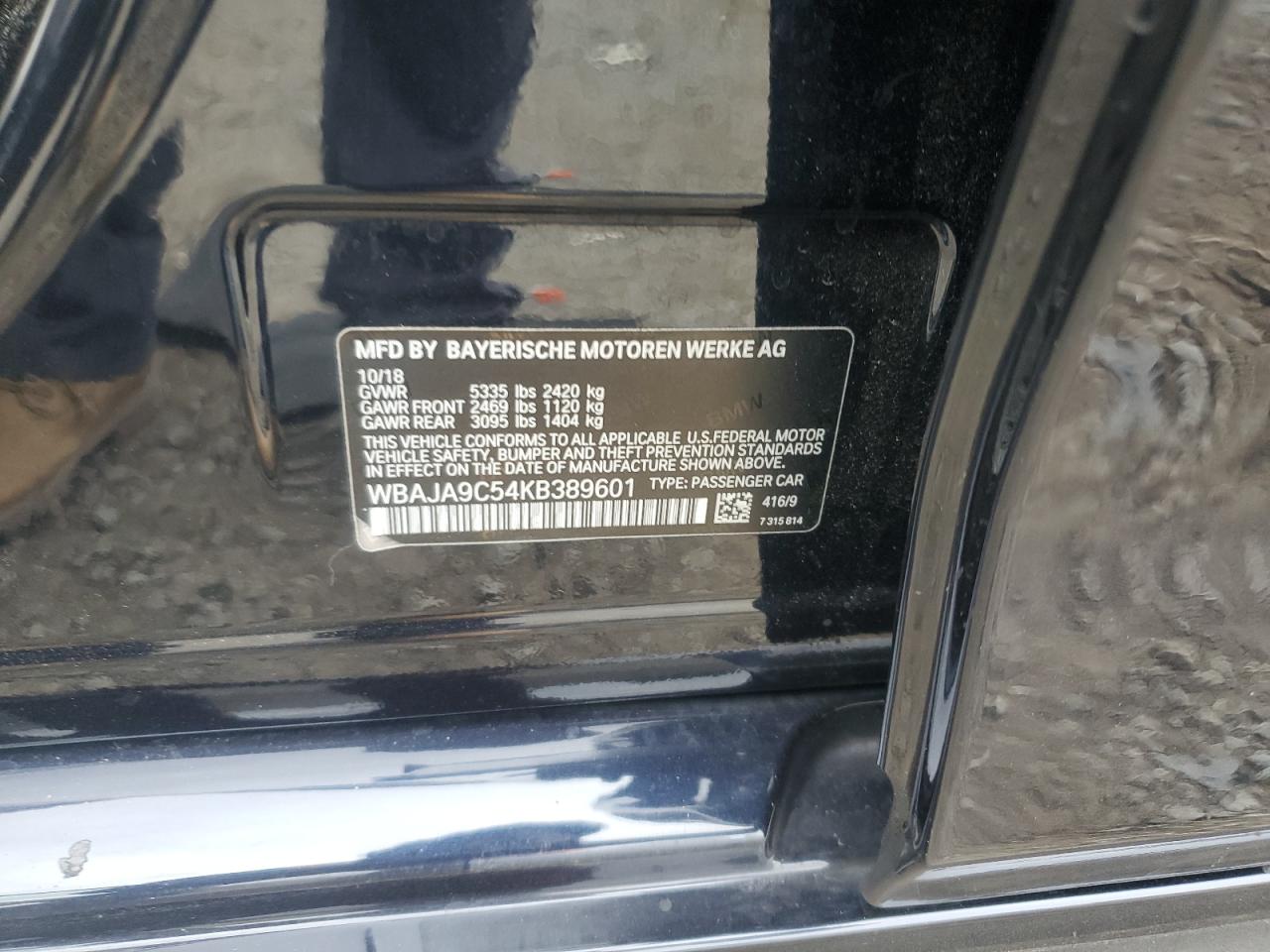 2019 BMW 530E VIN: WBAJA9C54KB389601 Lot: 86334815