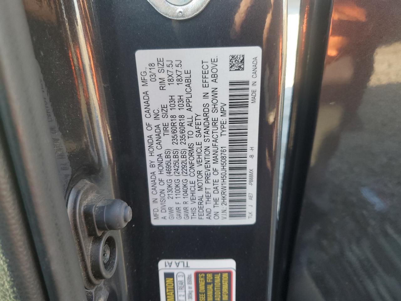 2018 Honda Cr-V Ex VIN: 2HKRW1H50JH508761 Lot: 85009725