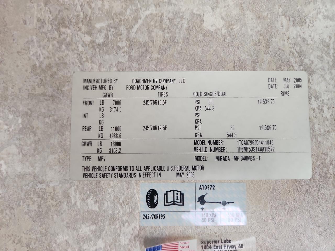 2004 Ford F550 Super - Rv VIN: 1F6MF53S140A10572 Lot: 86487115