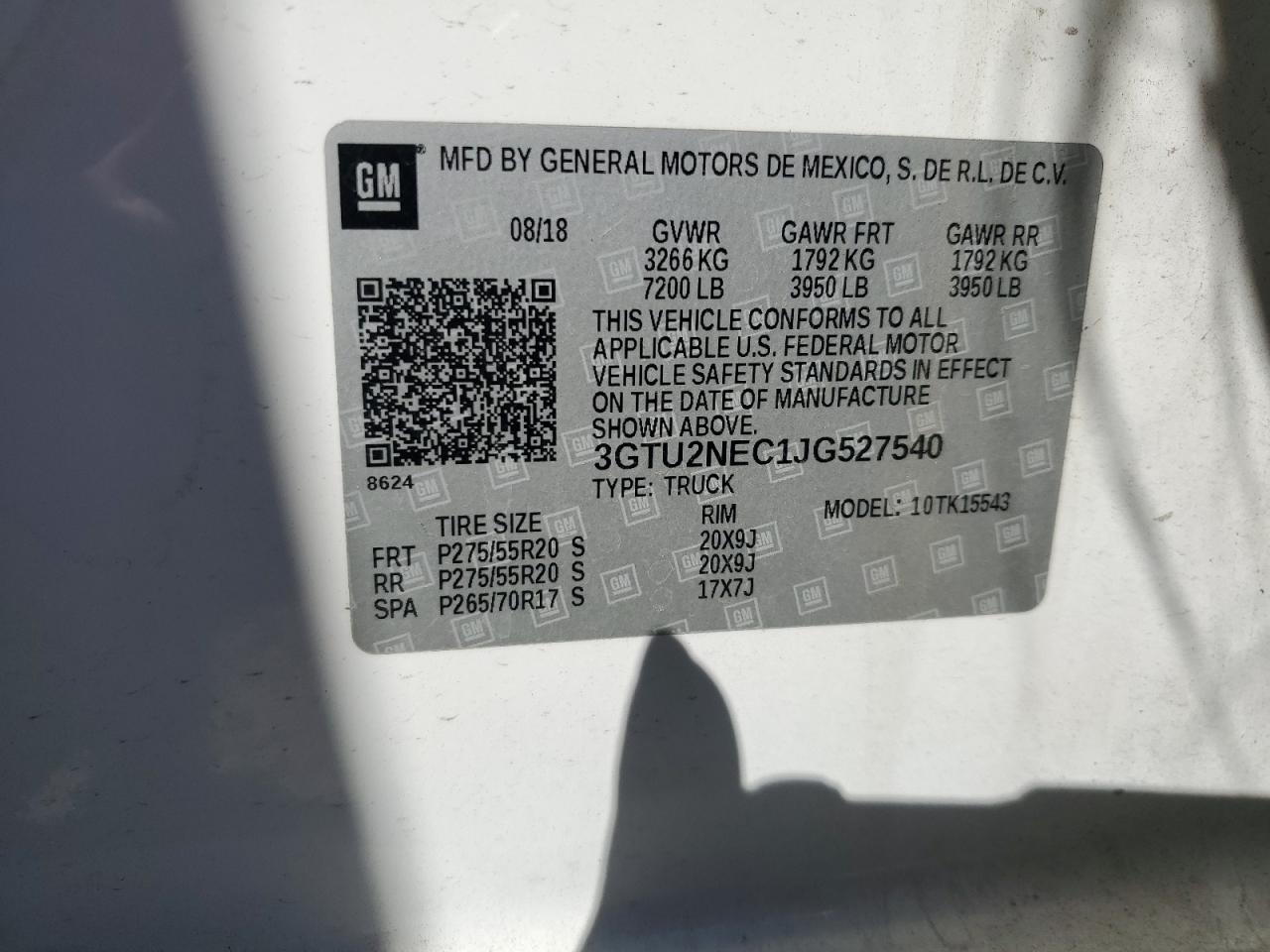 2018 GMC Sierra K1500 Slt VIN: 3GTU2NEC1JG527540 Lot: 84069985