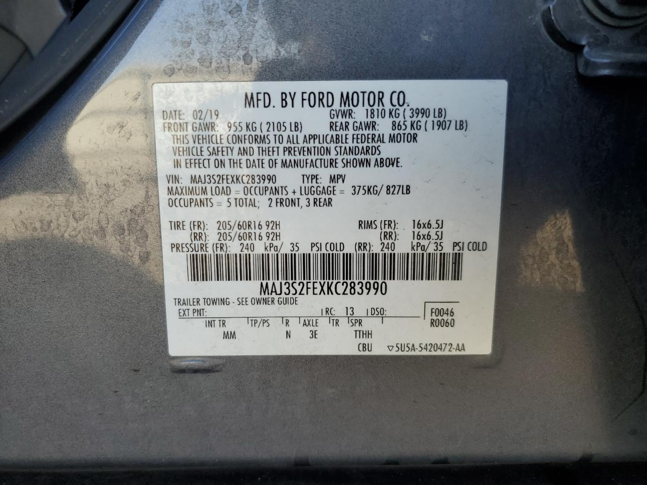 2019 Ford Ecosport S VIN: MAJ3S2FEXKC283990 Lot: 84831005