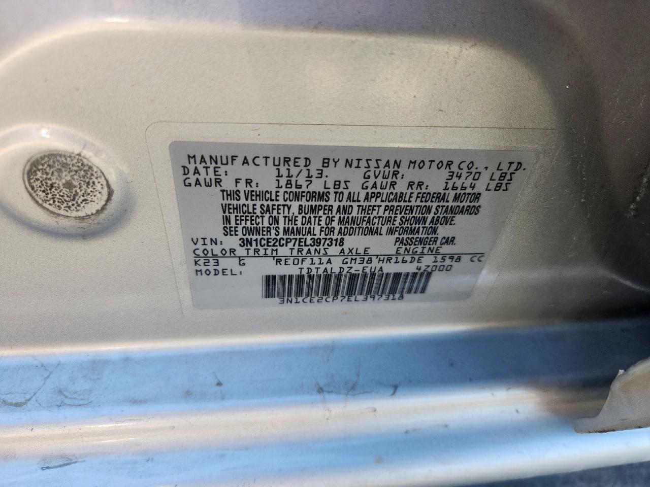 2014 Nissan Versa Note S VIN: 3N1CE2CP7EL397318 Lot: 86330415