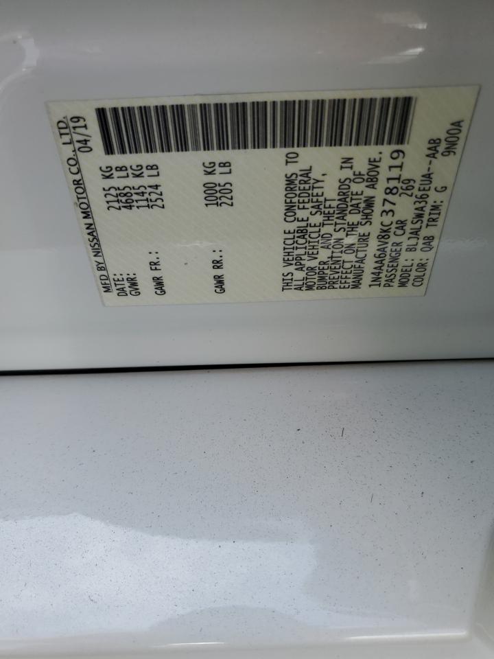 2019 Nissan Maxima S VIN: 1N4AA6AV8KC378119 Lot: 82277035