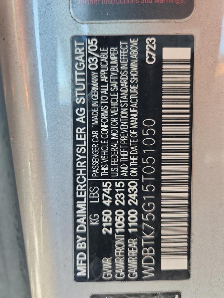2005 Mercedes-Benz Clk 500 VIN: WDBTK75G15T051050 Lot: 87490735