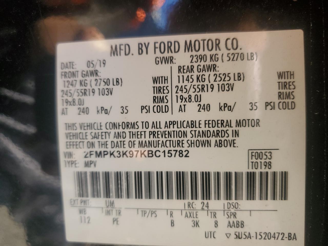 2019 Ford Edge Titanium VIN: 2FMPK3K97KBC15782 Lot: 82389695