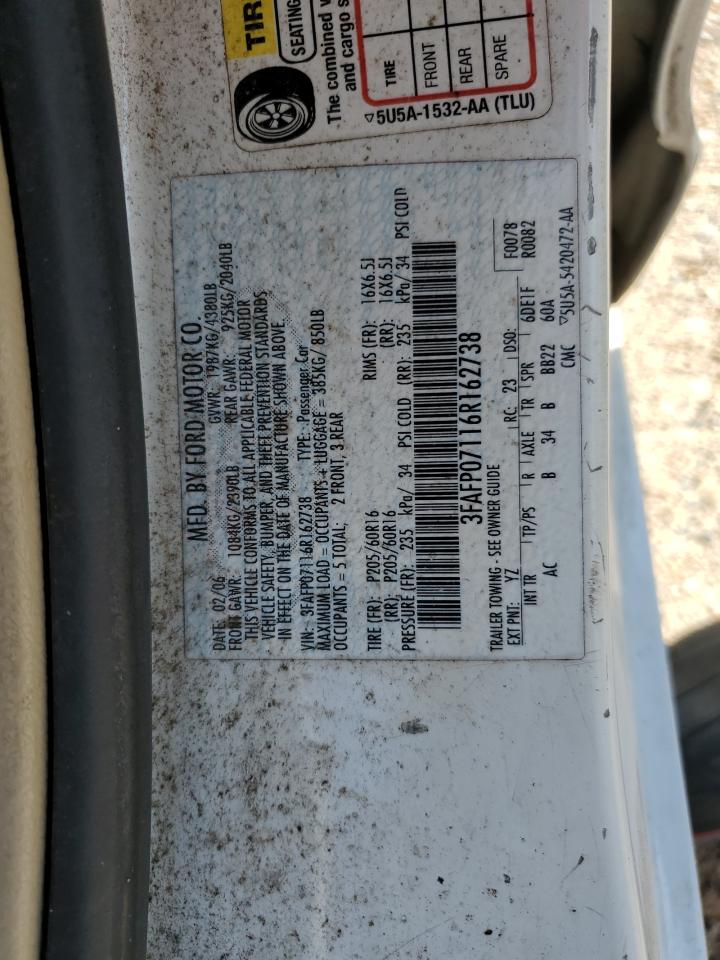 2006 Ford Fusion Se VIN: 3FAFP07116R162738 Lot: 89722745