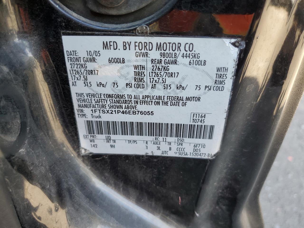 2001 Ford F250 Super Duty VIN: 1FTSX21P46EB76055 Lot: 85142075