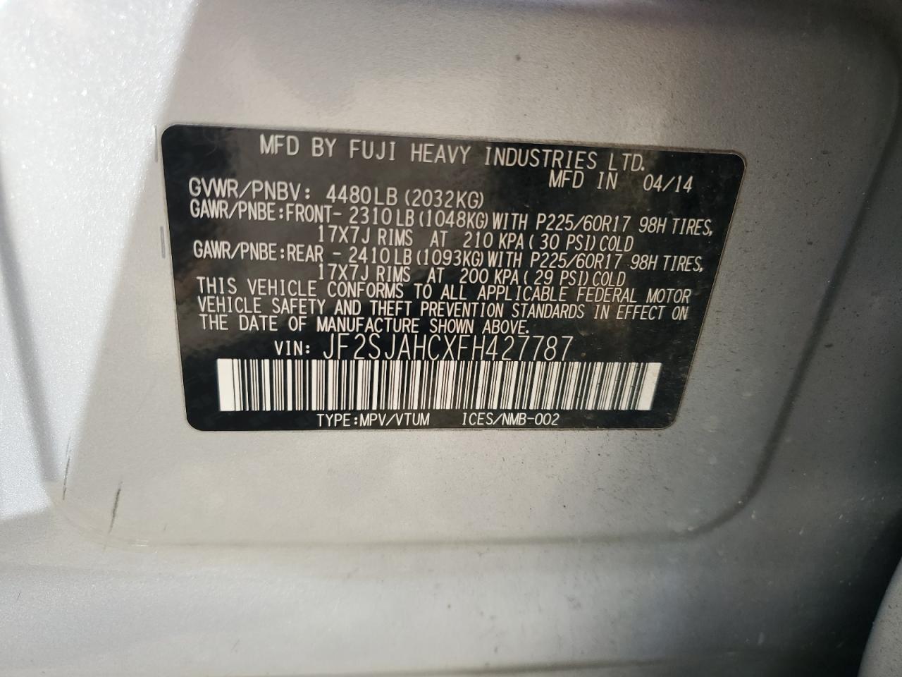 2015 Subaru Forester 2.5I Limited VIN: JF2SJAHCXFH427787 Lot: 84966655