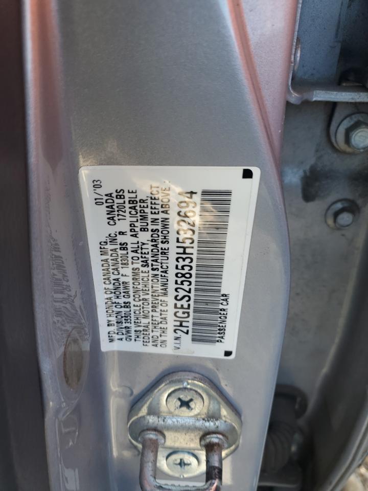 2003 Honda Civic Ex VIN: 2HGES25853H532694 Lot: 82380585