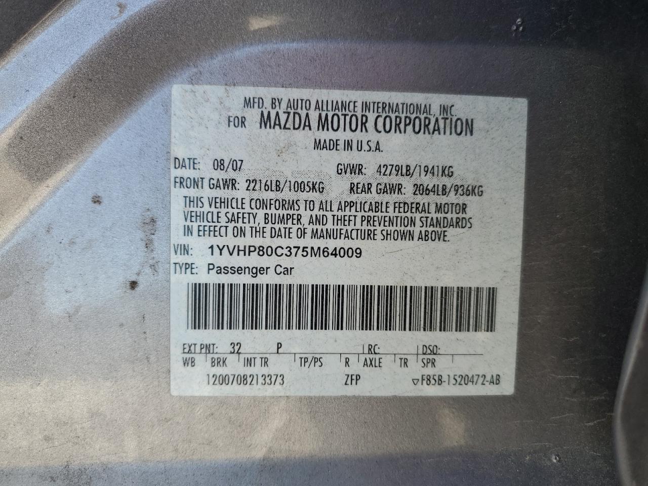 2007 Mazda 6 I VIN: 1YVHP80C375M64009 Lot: 84982275