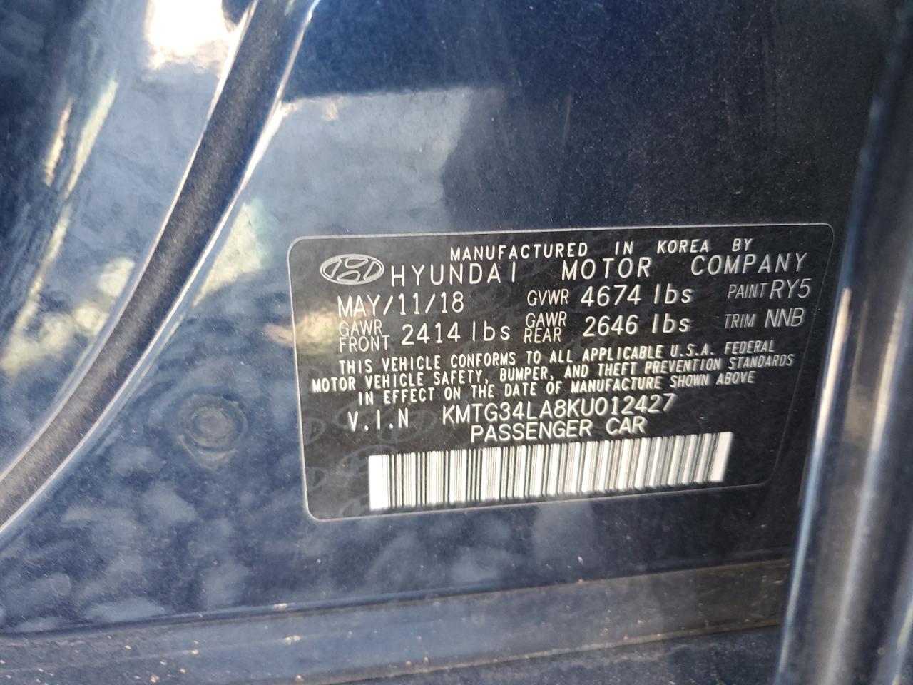 2019 Genesis G70 Elite VIN: KMTG34LA8KU012427 Lot: 84565035