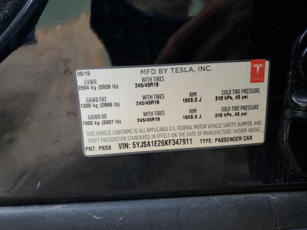 2019 Tesla Model S VIN: 5YJSA1E26KF347911 Lot: 86140025