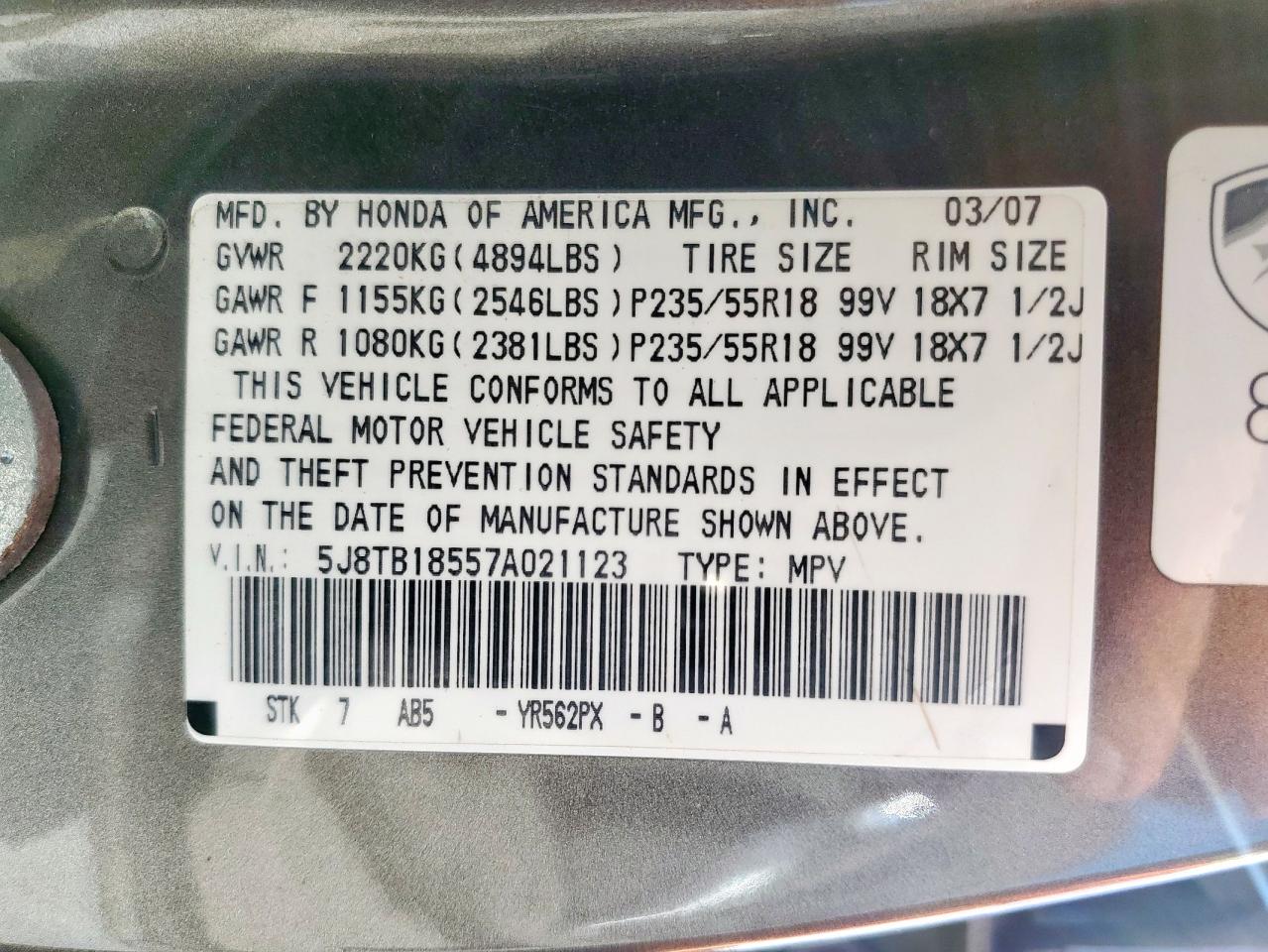 2007 Acura Rdx Technology VIN: 5J8TB18557A021123 Lot: 84285695