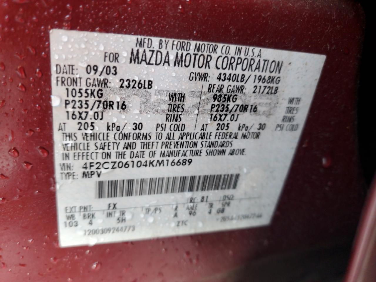 2004 Mazda Tribute Es VIN: 4F2CZ06104KM16689 Lot: 84897485