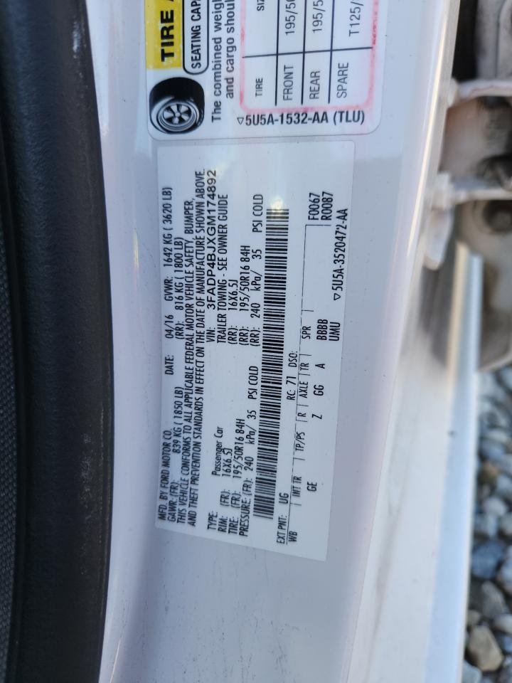 2016 Ford Fiesta Se VIN: 3FADP4BJXGM174892 Lot: 85123895