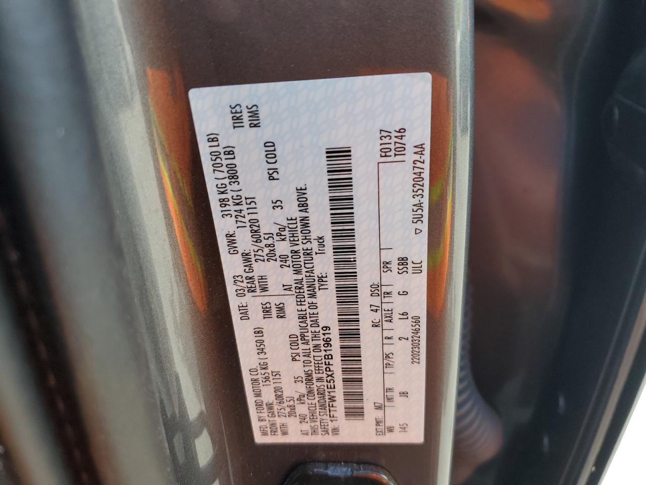 2023 Ford F150 Supercrew VIN: 1FTFW1E5XPFB19619 Lot: 81241505