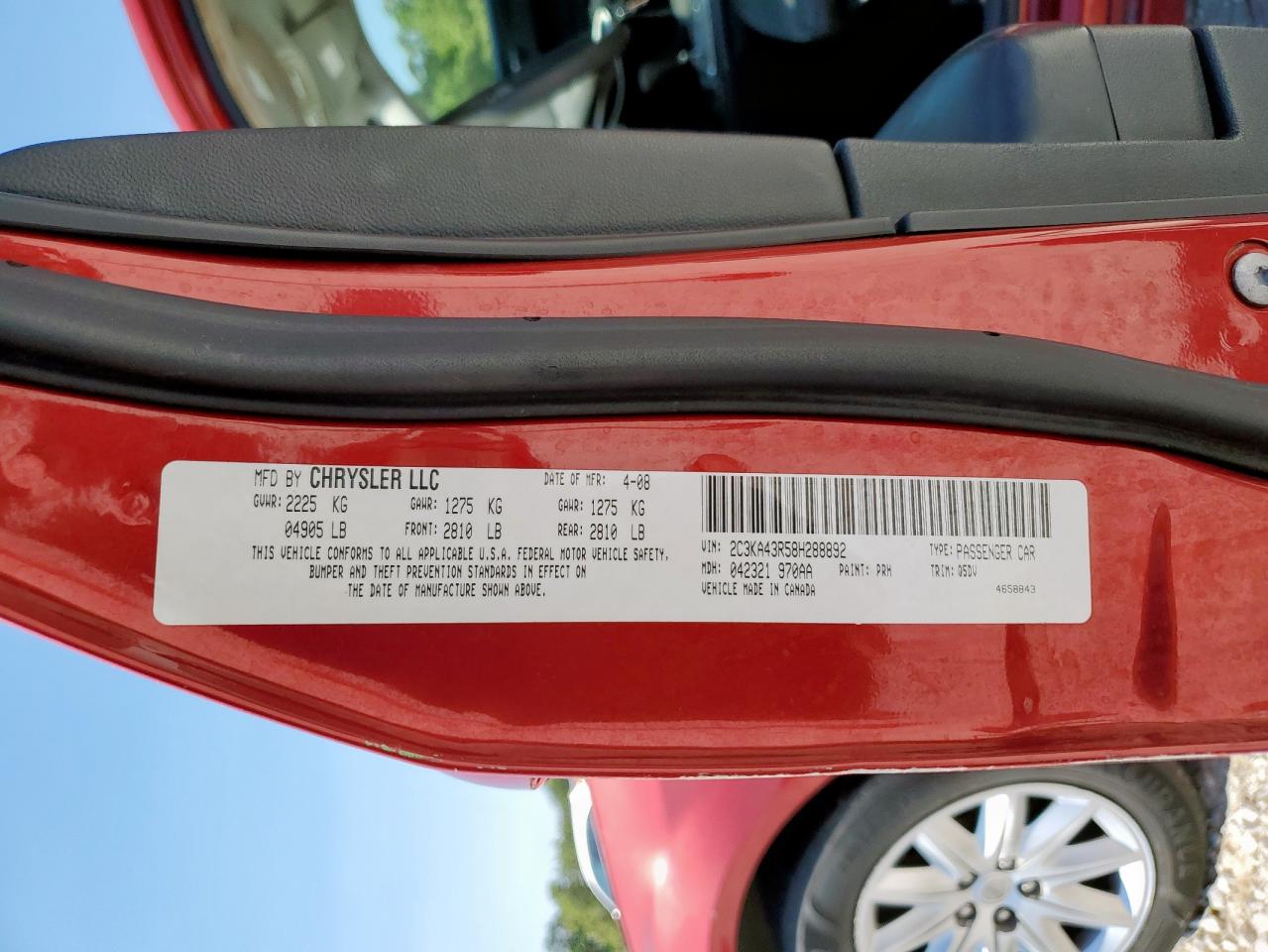 2008 Chrysler 300 Lx VIN: 2C3KA43R58H288892 Lot: 86516565