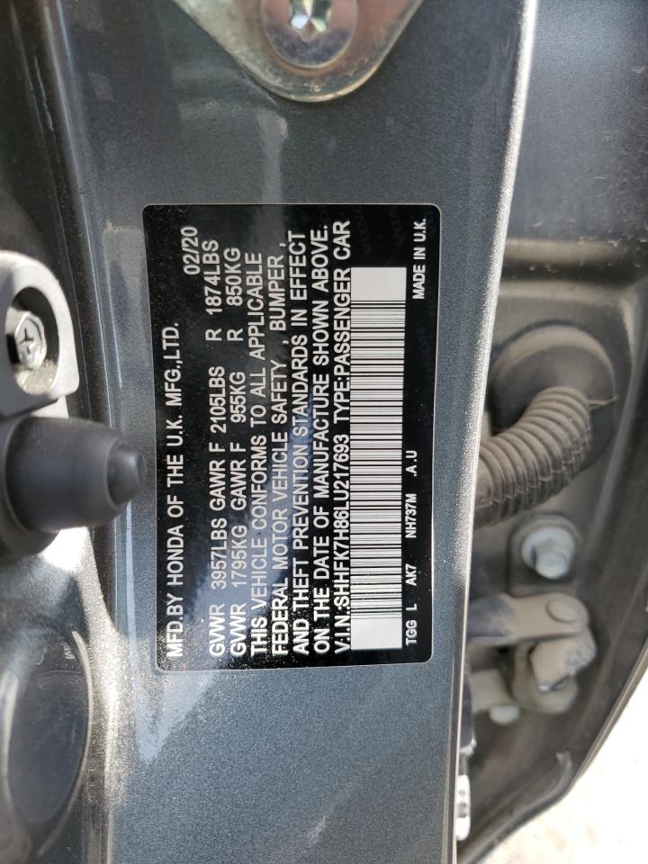 2020 Honda Civic Exl VIN: SHHFK7H86LU217693 Lot: 85330825