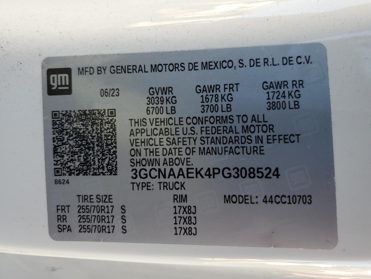 2023 Chevrolet Silverado C1500 VIN: 3GCNAAEK4PG308524 Lot: 84787565