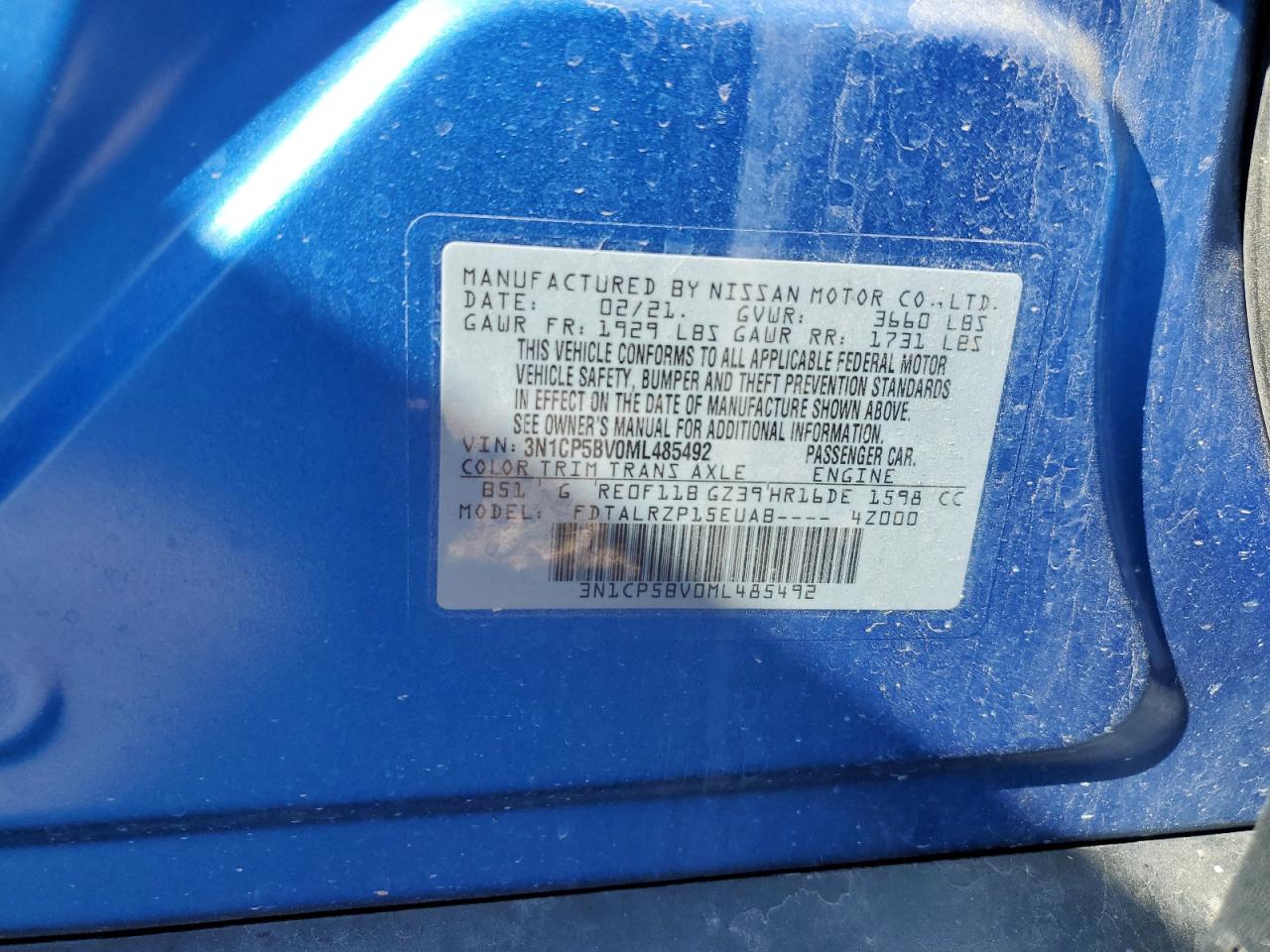 2021 Nissan Kicks S VIN: 3N1CP5BV0ML485492 Lot: 82218015