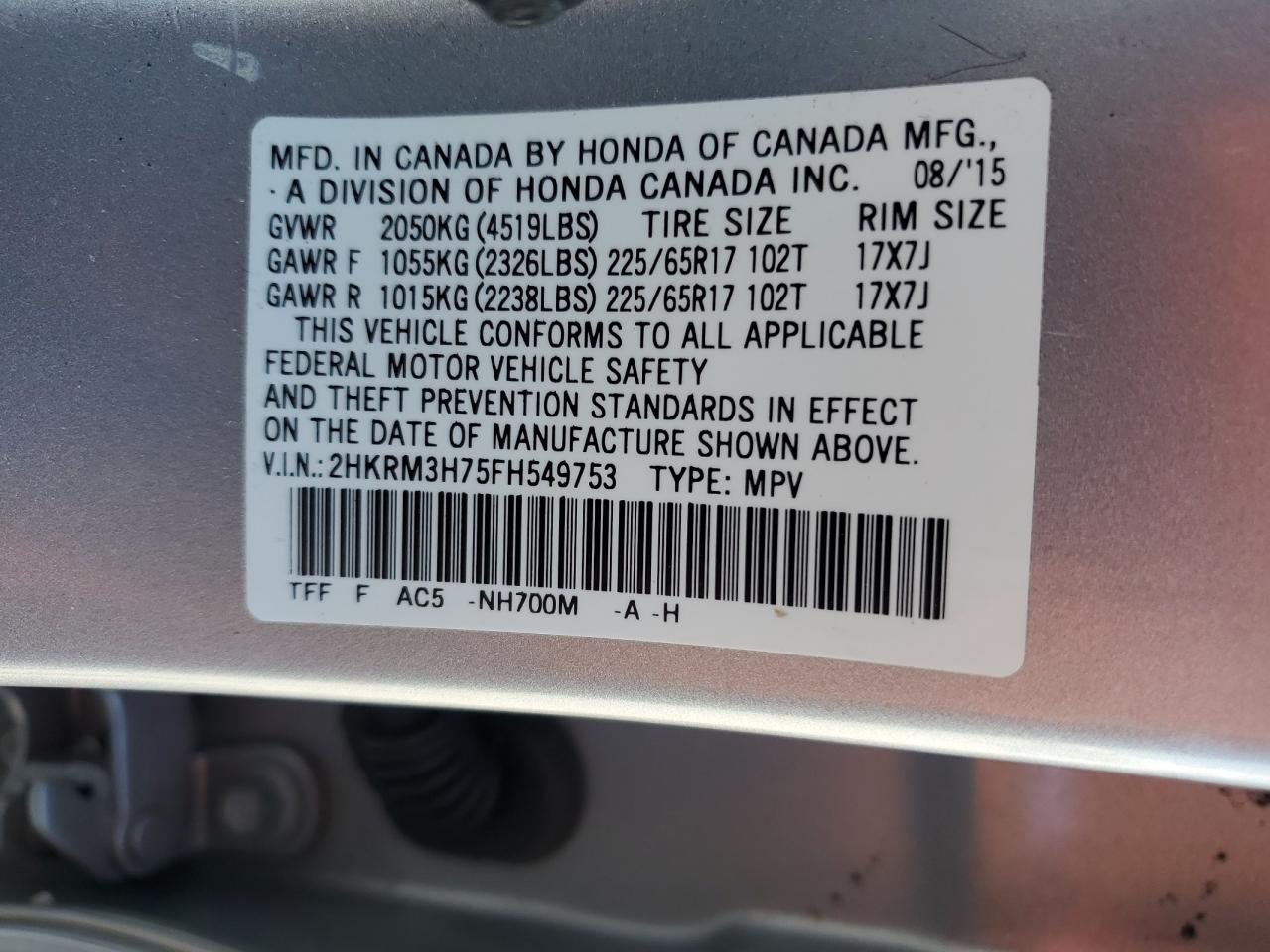2015 Honda Cr-V Exl VIN: 2HKRM3H75FH549753 Lot: 94675325