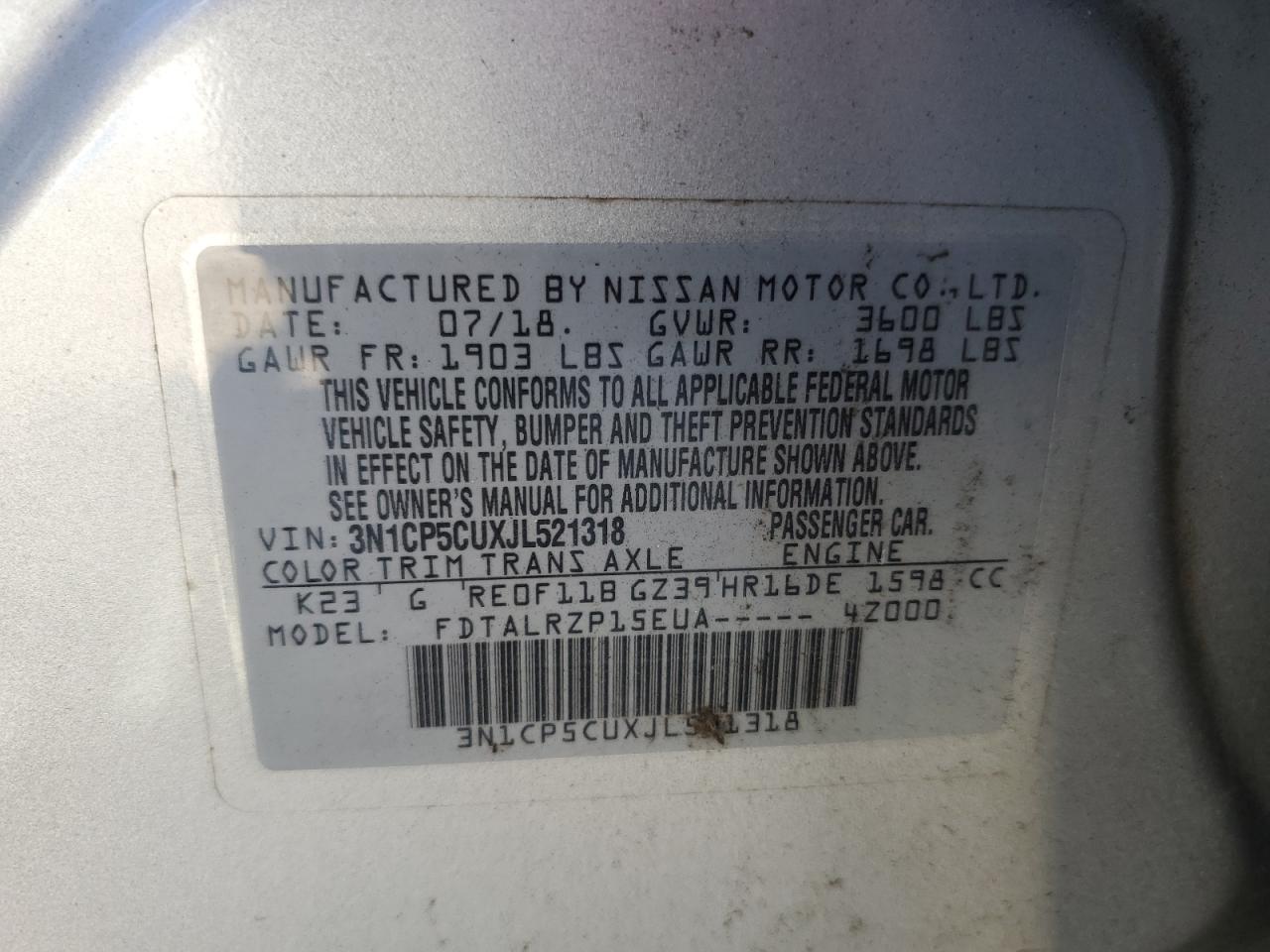 2018 Nissan Kicks S VIN: 3N1CP5CUXJL521318 Lot: 86601465