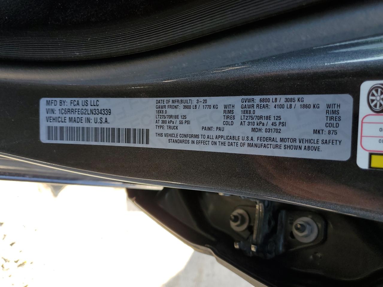 2020 Ram 1500 Rebel VIN: 1C6RRFEG2LN334339 Lot: 87371015