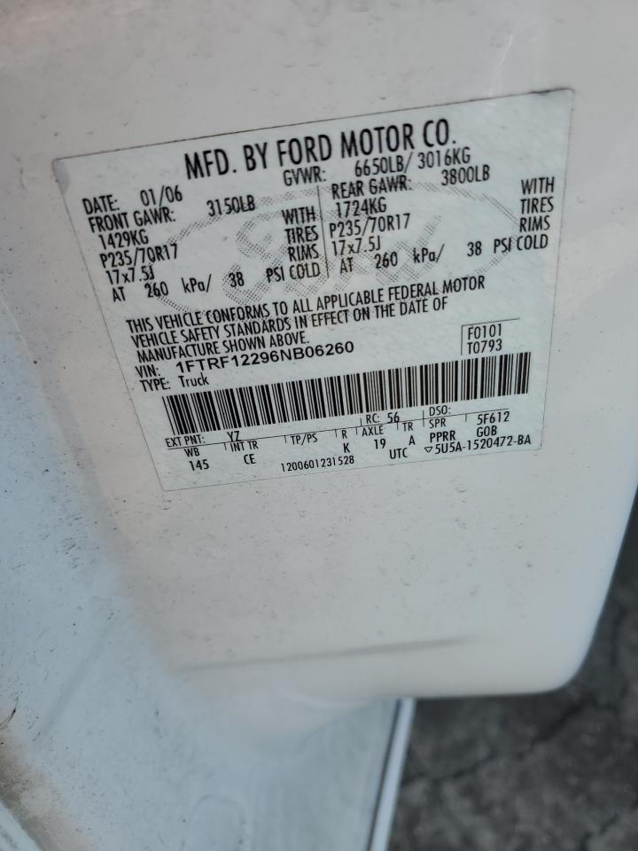 2006 Ford F150 VIN: 1FTRF12296NB06260 Lot: 84618975