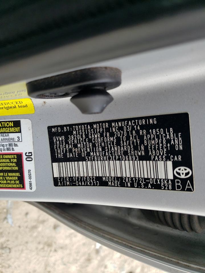 2014 Toyota Corolla L VIN: 5YFBURHE3EP106893 Lot: 85010725