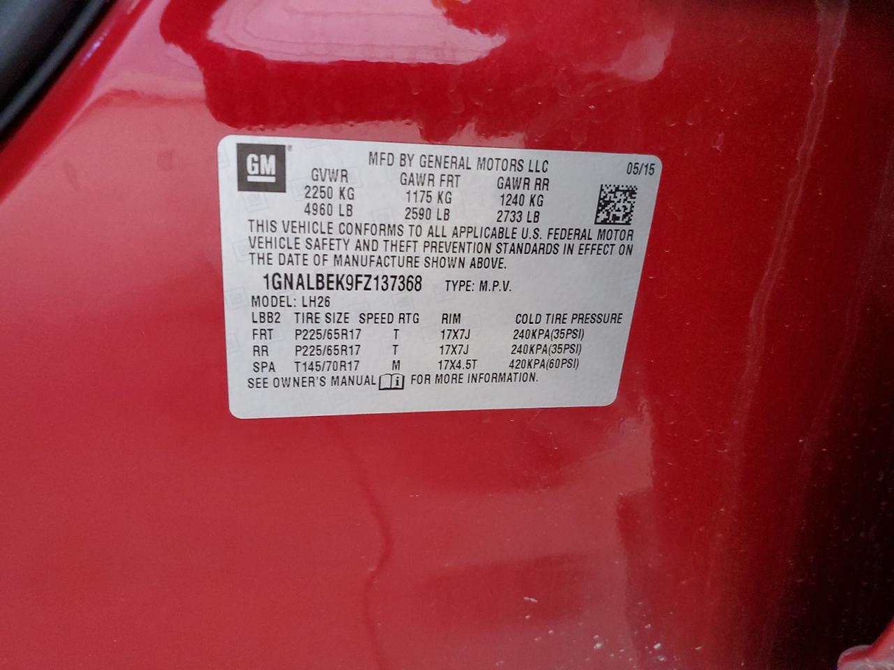 2015 Chevrolet Equinox Lt VIN: 1GNALBEK9FZ137368 Lot: 85724585