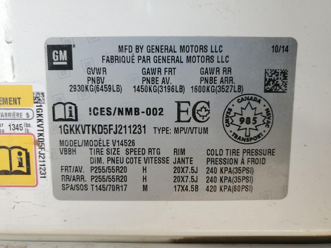 2015 GMC Acadia Denali VIN: 1GKKVTKD5FJ211231 Lot: 84732555