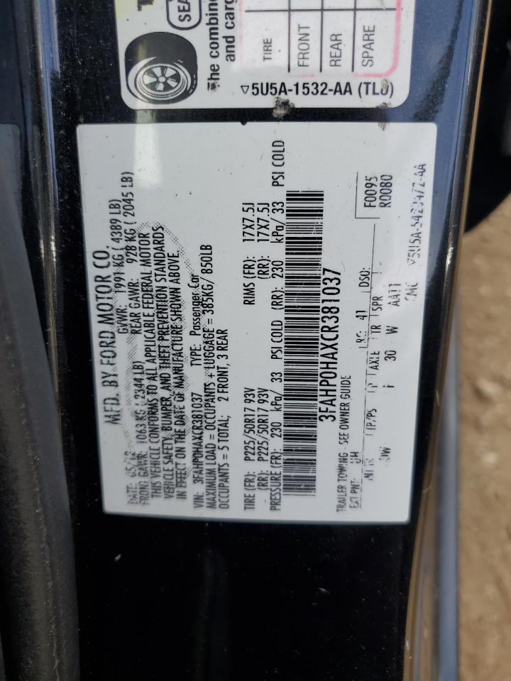 2012 Ford Fusion Se VIN: 3FAHP0HAXCR381037 Lot: 84242805