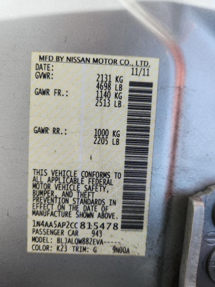 2012 Nissan Maxima S VIN: 1N4AA5AP2CC815478 Lot: 89923005